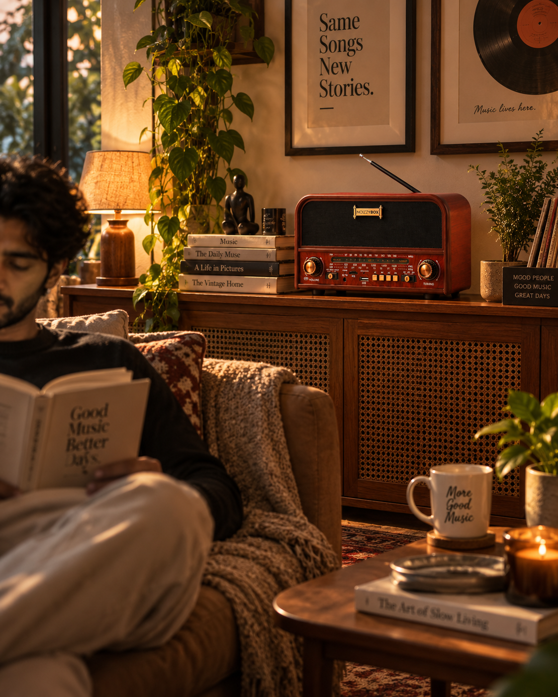 Lifestyle — person reading on a sofa, Retro XL playing in the background. Nobody touching the speaker.