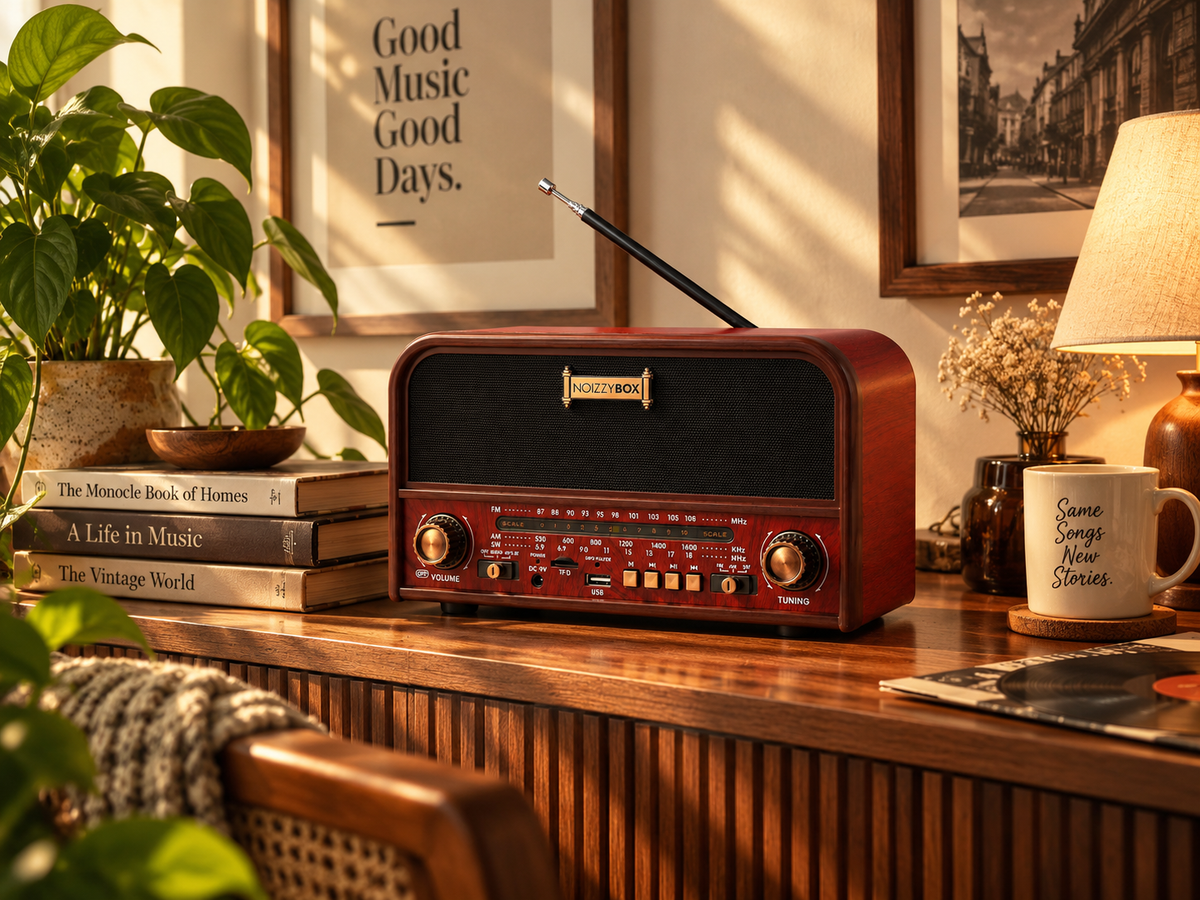 Lifestyle hero — Retro XL on a wooden console with books, plant, warm lamp and framed art