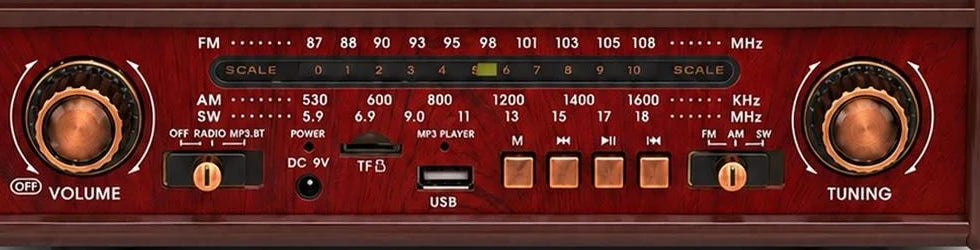 The Retro XL control panel: volume knob, mode selector, DC input, TF slot, USB port, playback keys, band switch and tuning knob
