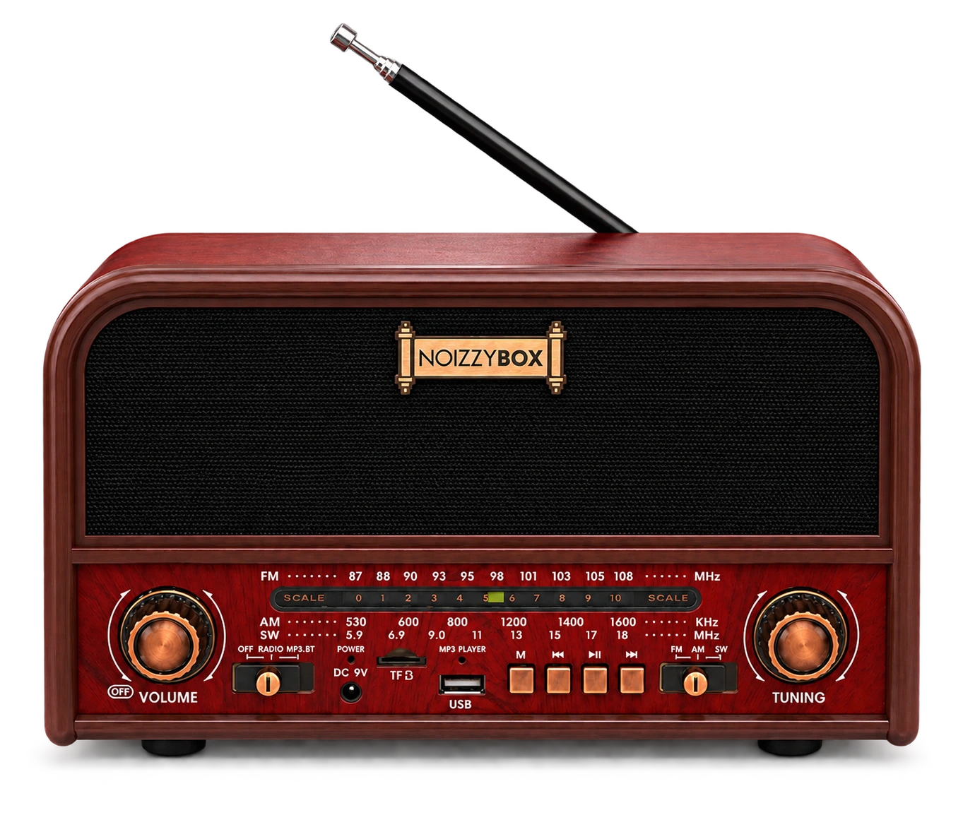 NOIZZYBOX Retro XL retro radio and Bluetooth speaker in a warm wood finish, straight-on front view with the telescopic antenna extended